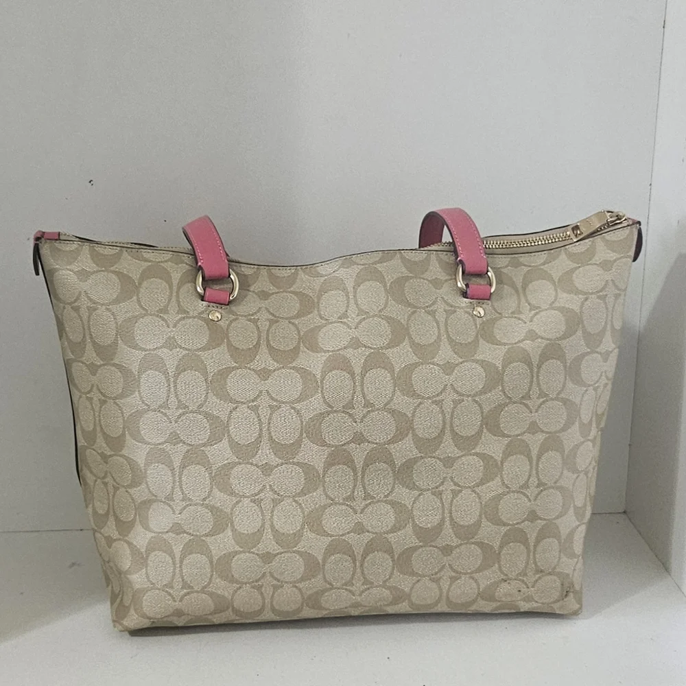 Like New!Coach Signature Coated Canvas tan /Pink Tote bag - Picture 8 of 12